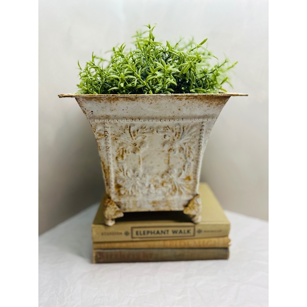 Vintage Rustic Metal Planter White Distressed Footed Garden Jardiniere Farmhouse